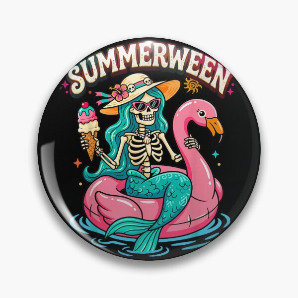 Item preview, Pastel Goth Summerween Mermaid Skeleton Eating Ice Cream Pink Flamingo Float Design designed and sold by PhocoNibict.