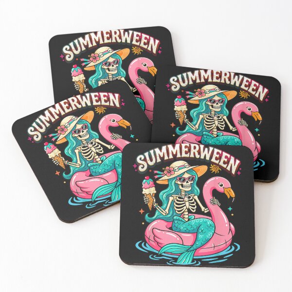 Item preview, Pastel Goth Summerween Mermaid Skeleton Eating Ice Cream Pink Flamingo Float Design designed and sold by PhocoNibict.