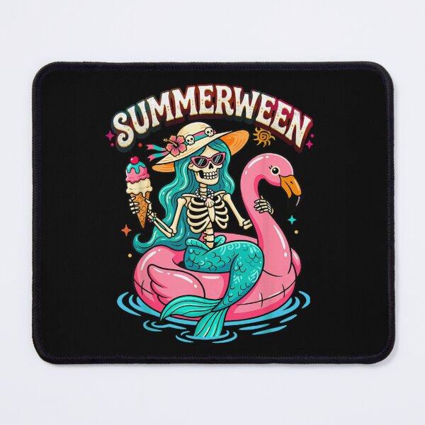 Item preview, Pastel Goth Summerween Mermaid Skeleton Eating Ice Cream Pink Flamingo Float Design designed and sold by PhocoNibict.