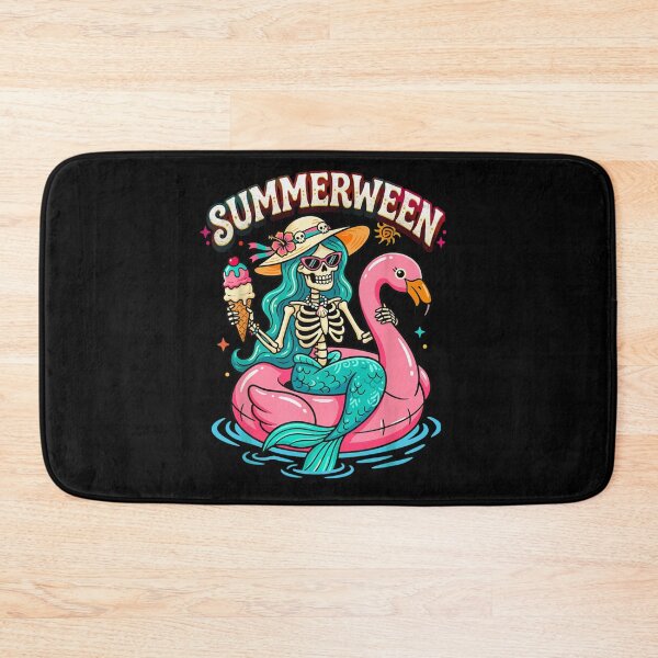 Item preview, Pastel Goth Summerween Mermaid Skeleton Eating Ice Cream Pink Flamingo Float Design designed and sold by PhocoNibict.