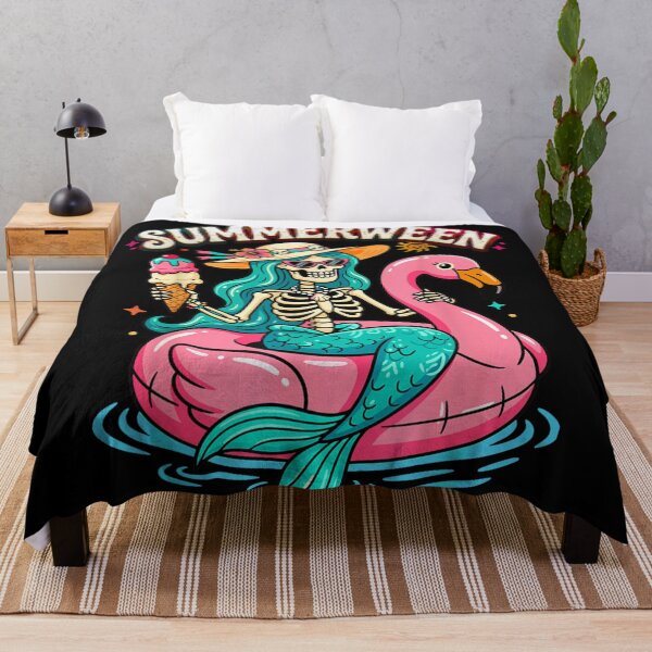 Item preview, Pastel Goth Summerween Mermaid Skeleton Eating Ice Cream Pink Flamingo Float Design designed and sold by PhocoNibict.