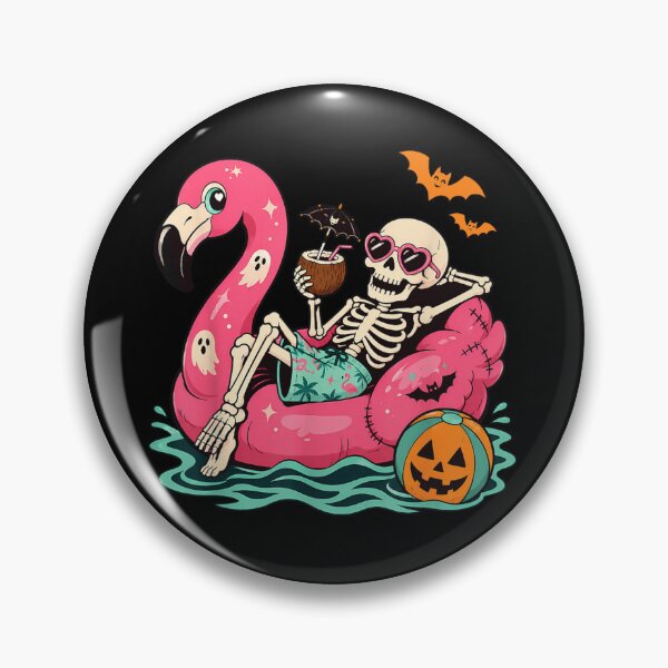 Item preview, Chill Summerween Skeleton Relaxing On Flamingo Float With Coconut Drink Pumpkin Ball designed and sold by PhocoNibict.