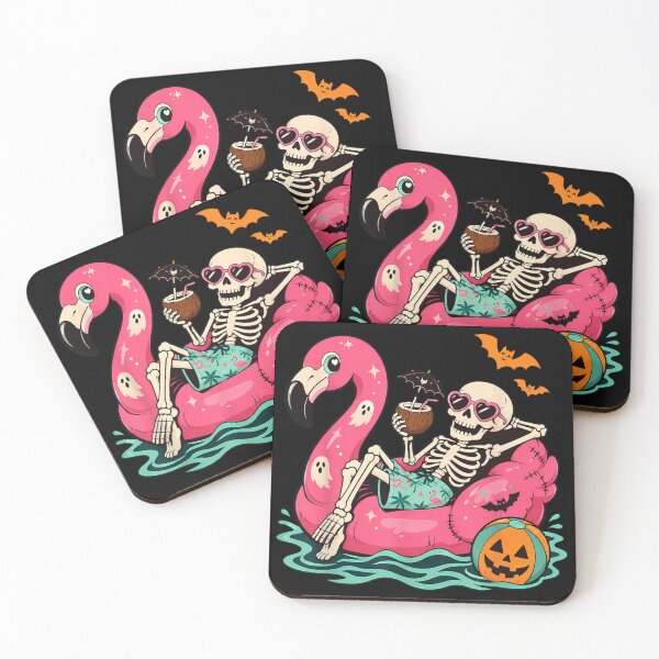 Item preview, Chill Summerween Skeleton Relaxing On Flamingo Float With Coconut Drink Pumpkin Ball designed and sold by PhocoNibict.