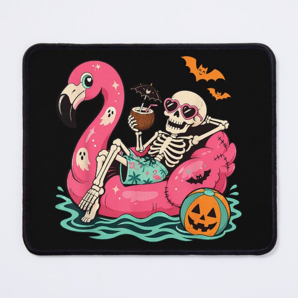 Item preview, Chill Summerween Skeleton Relaxing On Flamingo Float With Coconut Drink Pumpkin Ball designed and sold by PhocoNibict.