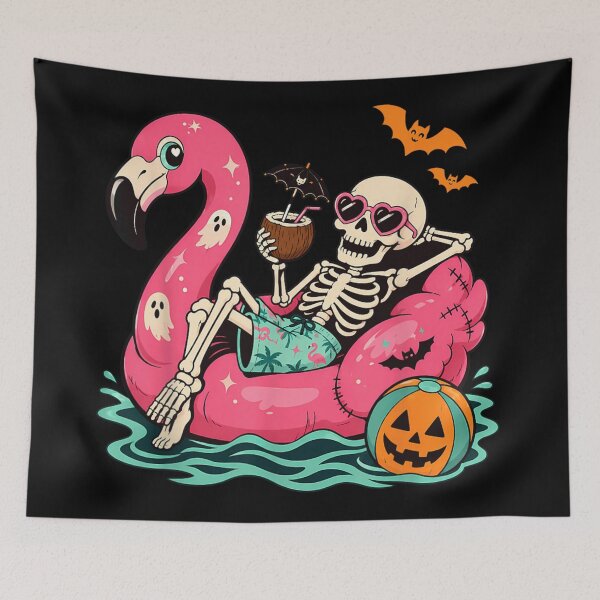 Item preview, Chill Summerween Skeleton Relaxing On Flamingo Float With Coconut Drink Pumpkin Ball designed and sold by PhocoNibict.