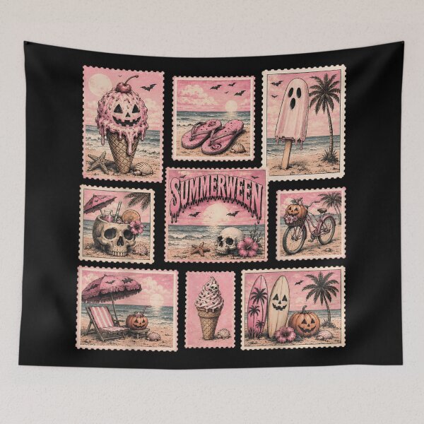 Item preview, Vintage Pink Summerween Stamp Collection Aesthetic Spooky Beach Vacation Postal Art designed and sold by PhocoNibict.