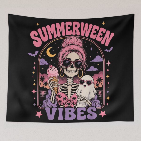 Item preview, Vintage Retro Pink Summerween Vibes Skeleton Eating Ice Cream With Ghost designed and sold by PhocoNibict.