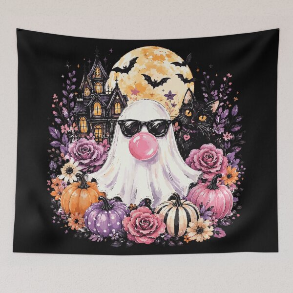 Item preview, Pastel Goth Cute Ghost Blowing Bubblegum With Black Cat Halloween Art designed and sold by RuperDelois.