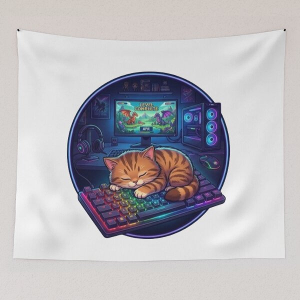 Item preview, Sleeping Gamer Cat on RGB Keyboard | Cute Gaming Kitten Neon PC Setup designed and sold by Faisal  Shah.