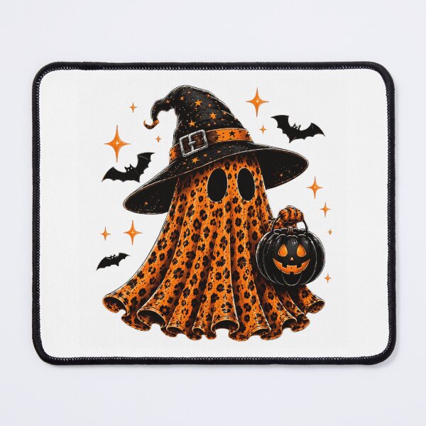 Item preview, Trendy Cheetah Leopard Print Ghost Wearing Black Witch Hat Holding Halloween Pumpkin designed and sold by EricCotanori.