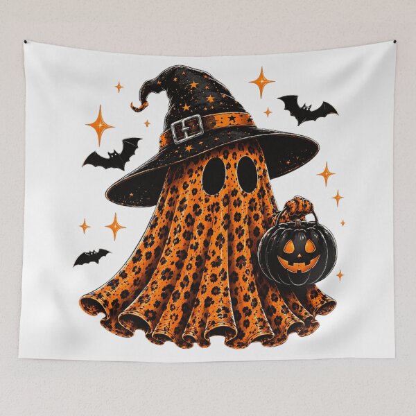 Item preview, Trendy Cheetah Leopard Print Ghost Wearing Black Witch Hat Holding Halloween Pumpkin designed and sold by EricCotanori.