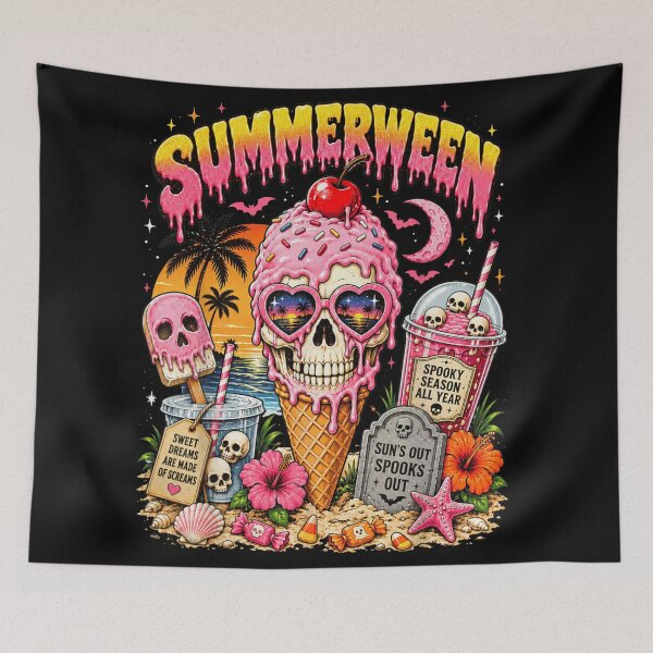 Item preview, Vintage Summerween Pastel Pink Skull Ice Cream Cone Tropical Halloween Beach Art designed and sold by EricCotanori.