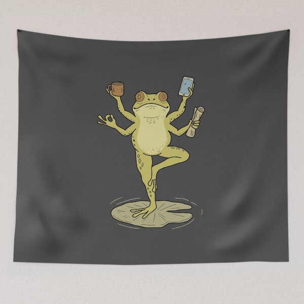 Item preview, Frog multitasking yoga pose on lily pad — funny meditation illustration designed and sold by LeshanArt.
