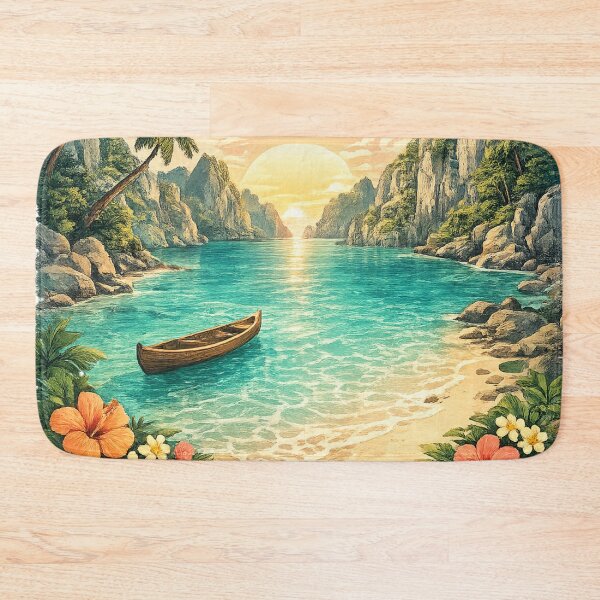 Item preview, Tropical Island Paradise: Turquoise Lagoon Wooden Boat Beach Sunset designed and sold by irfanshikh.