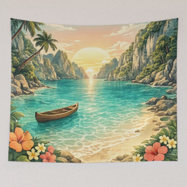 Item preview, Tropical Island Paradise: Turquoise Lagoon Wooden Boat Beach Sunset designed and sold by irfanshikh.