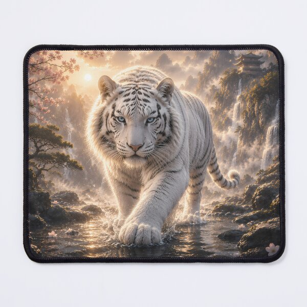 Item preview, Majestic White Tiger Walking Through Sacred Waterfalls | Fantasy Wildlife Digital Art designed and sold by ManJiangHong.