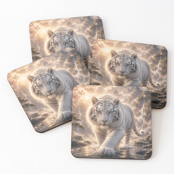 Item preview, Majestic White Tiger Walking Through Sacred Waterfalls | Fantasy Wildlife Digital Art designed and sold by ManJiangHong.