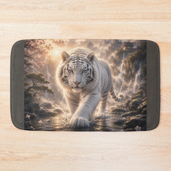 Item preview, Majestic White Tiger Walking Through Sacred Waterfalls | Fantasy Wildlife Digital Art designed and sold by ManJiangHong.