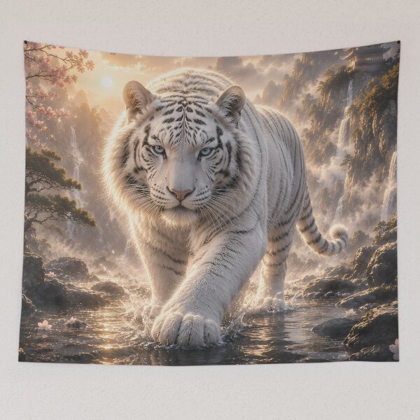Item preview, Majestic White Tiger Walking Through Sacred Waterfalls | Fantasy Wildlife Digital Art designed and sold by ManJiangHong.