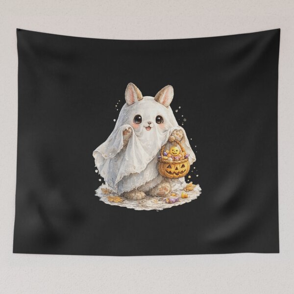 Item preview, Kawaii Ghost Bunny Halloween Watercolor Art – Cute Spooky Rabbit with Candy Basket designed and sold by MagicMakerPh.