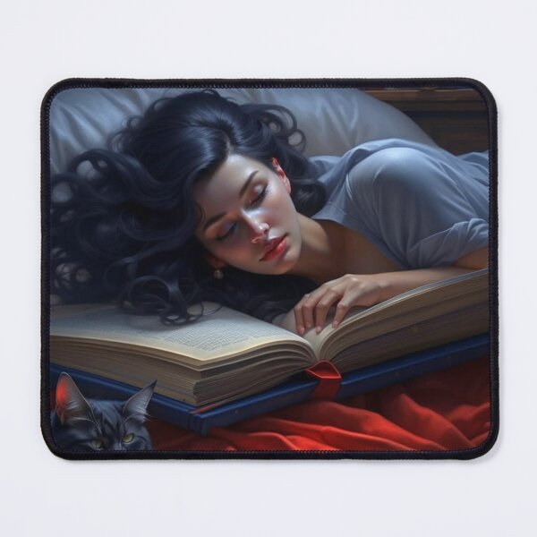 Item preview, Sleeping Girl with Cat on Big Open Book Dark Academia Art designed and sold by UmSkelig834.