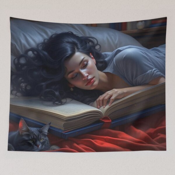 Item preview, Sleeping Girl with Cat on Big Open Book Dark Academia Art designed and sold by UmSkelig834.