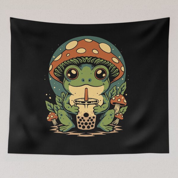 Item preview, Cute Frog Drinking Bubble Tea Kawaii Mushroom Cottagecore Vintage T-Shirt Design designed and sold by phsycartwork.