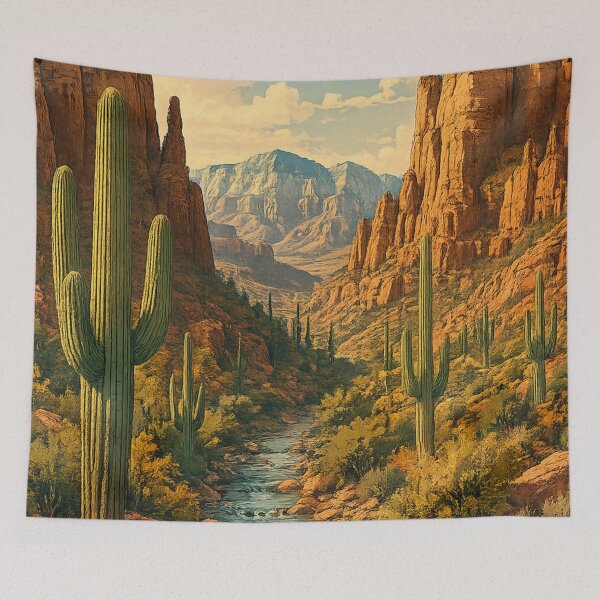 Item preview, Desert Canyon Stream: Saguaro Cactus Southwest Landscape Golden Hour designed and sold by irfanshikh.