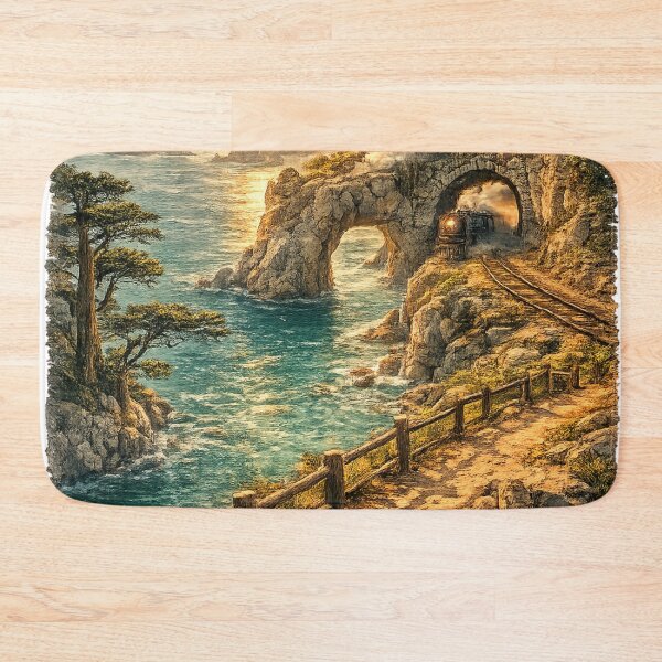 Item preview, Coastal Railway Tunnel: Steam Train Rock Arch Sunset Seaside Adventure designed and sold by irfanshikh.