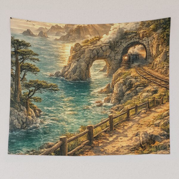 Item preview, Coastal Railway Tunnel: Steam Train Rock Arch Sunset Seaside Adventure designed and sold by irfanshikh.