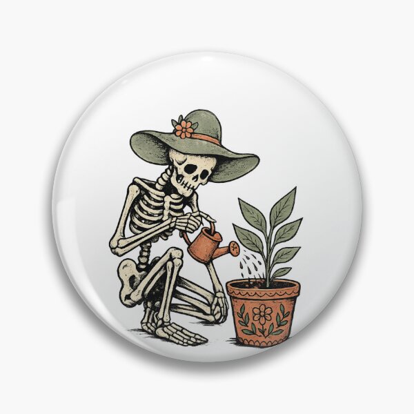 Item preview, Peaceful Skeleton in Sun Hat Watering Plant Folk Tattoo Flash Style Sage Terracotta Zine Art designed and sold by OnPointOutfits.