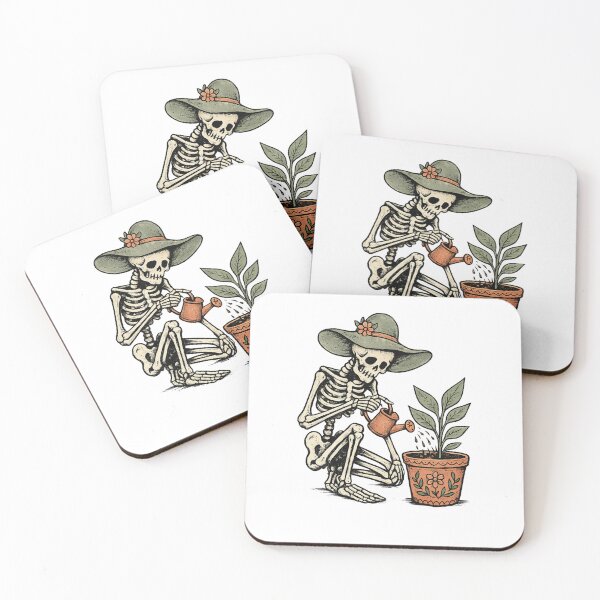 Item preview, Peaceful Skeleton in Sun Hat Watering Plant Folk Tattoo Flash Style Sage Terracotta Zine Art designed and sold by OnPointOutfits.
