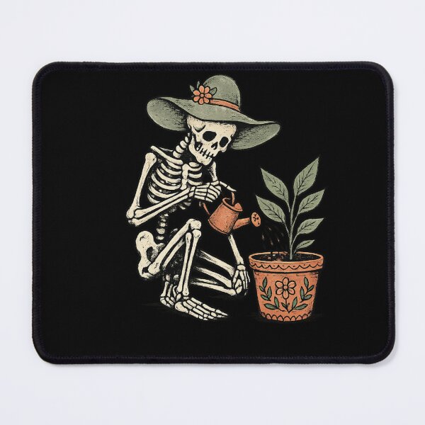 Item preview, Peaceful Skeleton in Sun Hat Watering Plant Folk Tattoo Flash Style Sage Terracotta Zine Art designed and sold by OnPointOutfits.