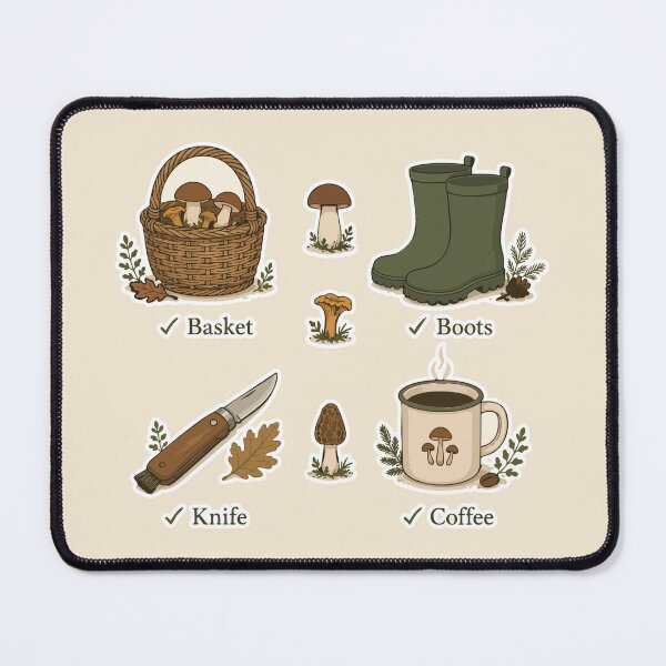 Item preview, Mushroom Hunting Essentials Sticker | Basket Boots Knife Coffee | Mycology Checklist | Forest Foraging | Cottagecore Gift designed and sold by SimplePoDesign.