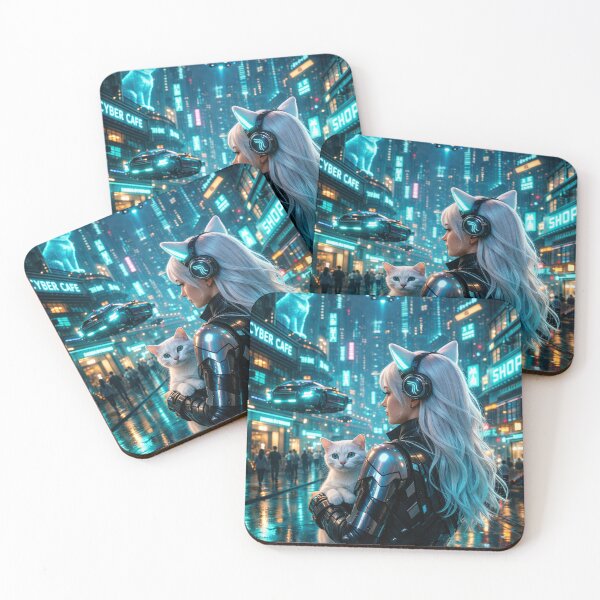 Item preview, Cyberpunk Girl with White Cat Neon City Hologram Art designed and sold by UmSkelig834.