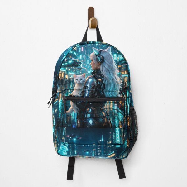 Item preview, Cyberpunk Girl with White Cat Neon City Hologram Art designed and sold by UmSkelig834.