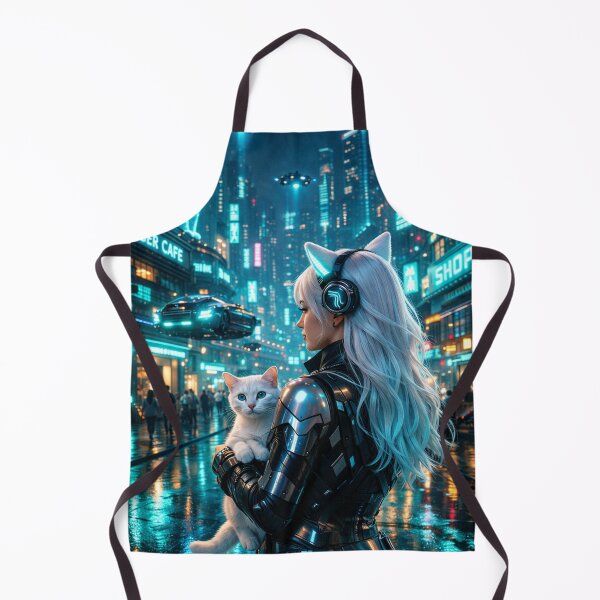 Item preview, Cyberpunk Girl with White Cat Neon City Hologram Art designed and sold by UmSkelig834.