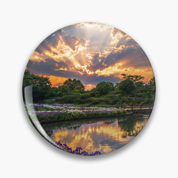 Item preview, Sunlit Iris Garden by a Reflective Pond – Dramatic Sunset Landscape designed and sold by Wild Bloom Paws.