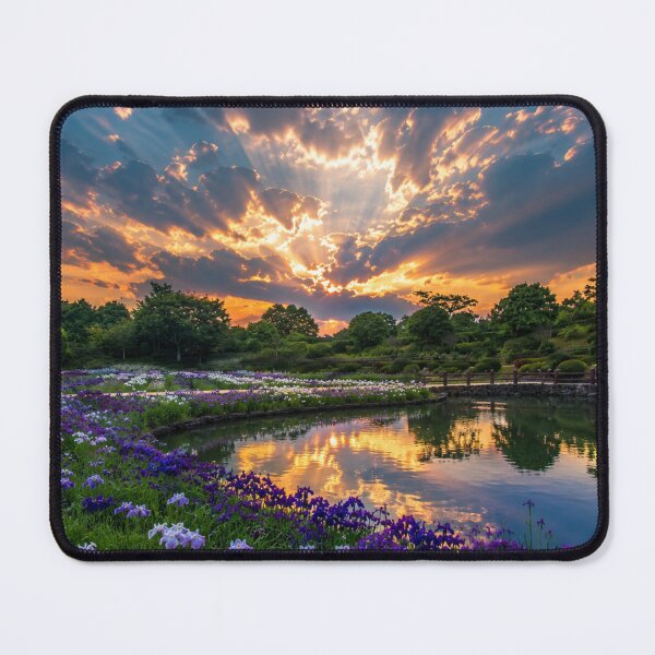 Item preview, Sunlit Iris Garden by a Reflective Pond – Dramatic Sunset Landscape designed and sold by Wild Bloom Paws.