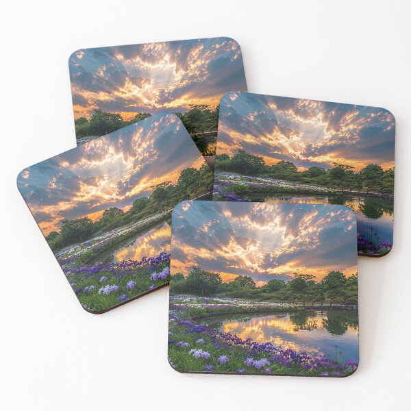 Item preview, Sunlit Iris Garden by a Reflective Pond – Dramatic Sunset Landscape designed and sold by Wild Bloom Paws.