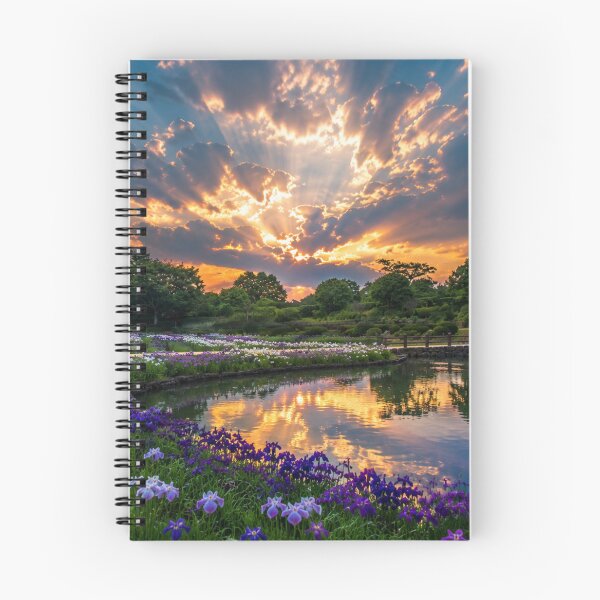 Item preview, Sunlit Iris Garden by a Reflective Pond – Dramatic Sunset Landscape designed and sold by Wild Bloom Paws.