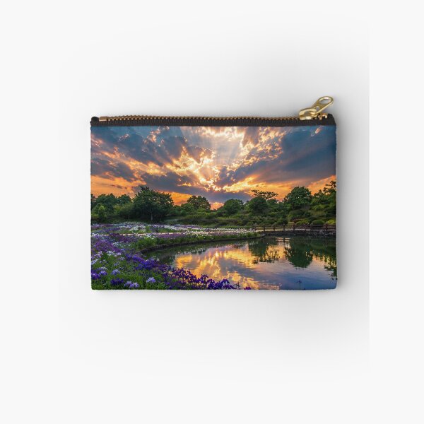 Item preview, Sunlit Iris Garden by a Reflective Pond – Dramatic Sunset Landscape designed and sold by Wild Bloom Paws.