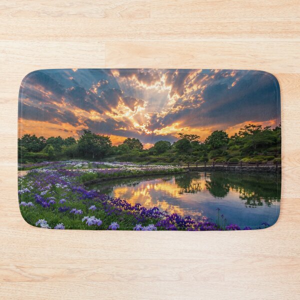 Item preview, Sunlit Iris Garden by a Reflective Pond – Dramatic Sunset Landscape designed and sold by Wild Bloom Paws.
