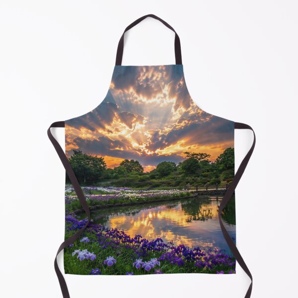 Item preview, Sunlit Iris Garden by a Reflective Pond – Dramatic Sunset Landscape designed and sold by Wild Bloom Paws.