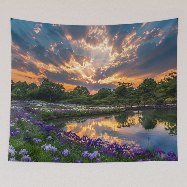 Item preview, Sunlit Iris Garden by a Reflective Pond – Dramatic Sunset Landscape designed and sold by Wild Bloom Paws.