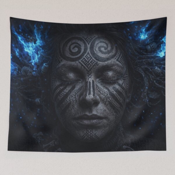 Item preview, Blue Fire Tribal Shaman Spirit Portrait designed and sold by WitchyBotanicaArt.