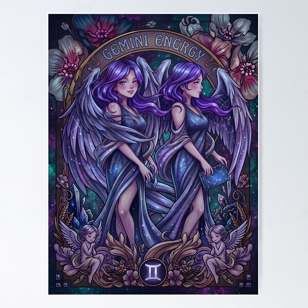 Item preview, Gemini Zodiac Twin Angels Anime Art | Gemini Energy Celestial Goddess | Dark Galaxy Astrology Illustration | Horoscope Constellation Wall Art | Gemini Birthday Gift | Fantasy Zodiac Decor designed and sold by RSDigitalPrintDesign.
