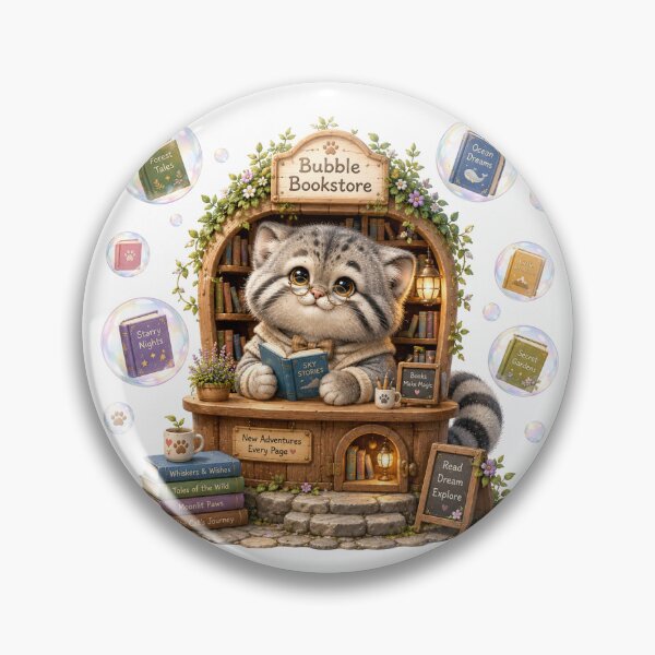 Item preview, Magical Pallas’s Cat Bubble Bookstore Illustration designed and sold by QuirkNest Studio .