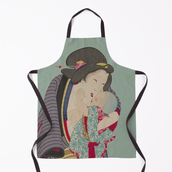 Item preview, Japanese Mother and Child - Modern Ukiyo-e Portrait - Japandi, Sage Green designed and sold by Black Swallow.