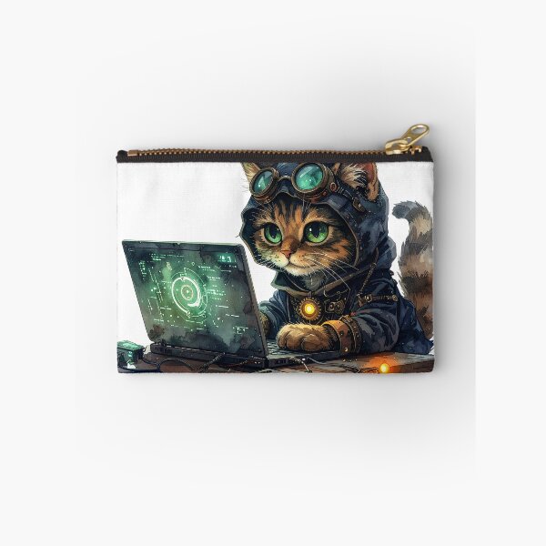 Item preview, Steampunk Cat Gamer With Glowing Laptop designed and sold by BetweenForms.